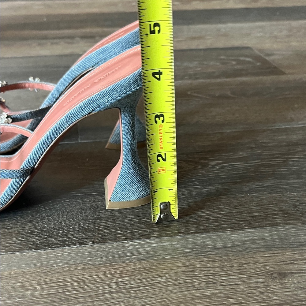 Amina Muaddi Blue Denim Heels with Floral Embellishments - Picture 2 of 4